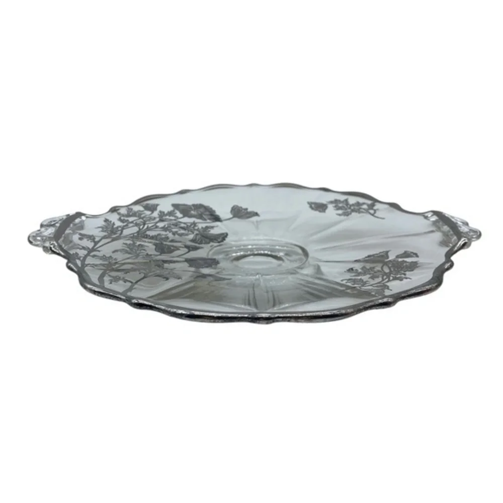 Vintage Silver City Glass Co. Floral Pattern Silver Pedestal Bon Bon Plate